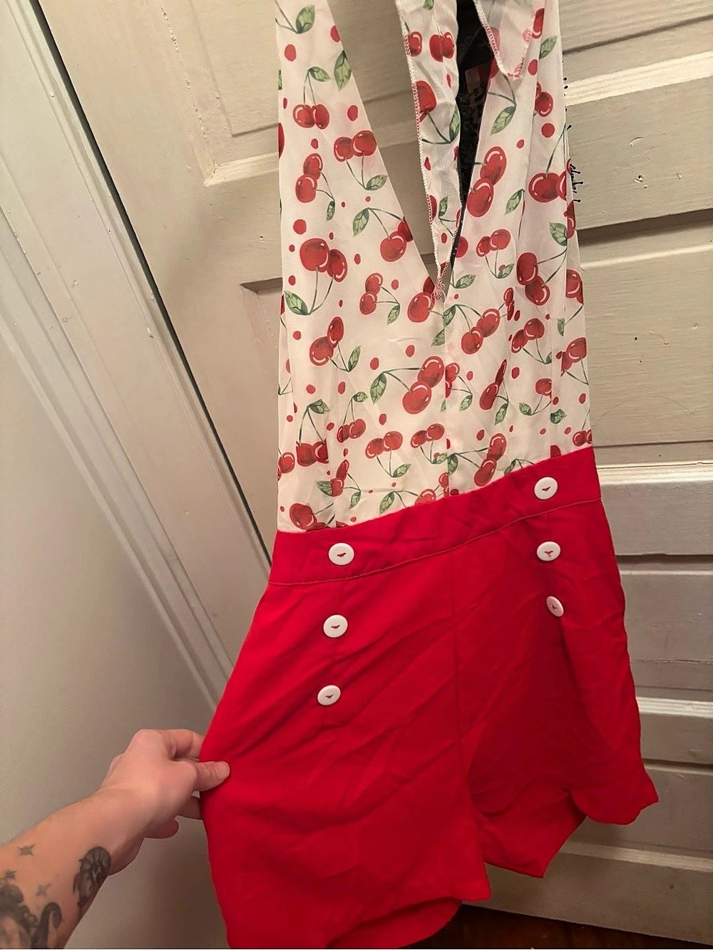 Retro Stage Red 1950s Cherry V-Neck Halter Lace-Up Romper